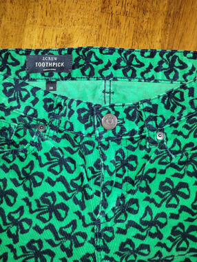 J.Crew Toothpick Skinny Corduroy Pants Green Blue Bow Print Size 28 Preppy
